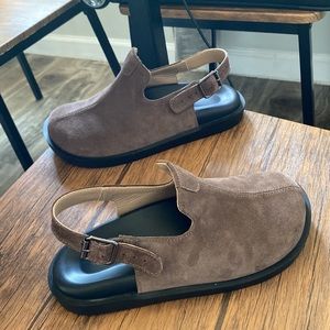 Chocolate brown suede clog with ankle strap buckle strap